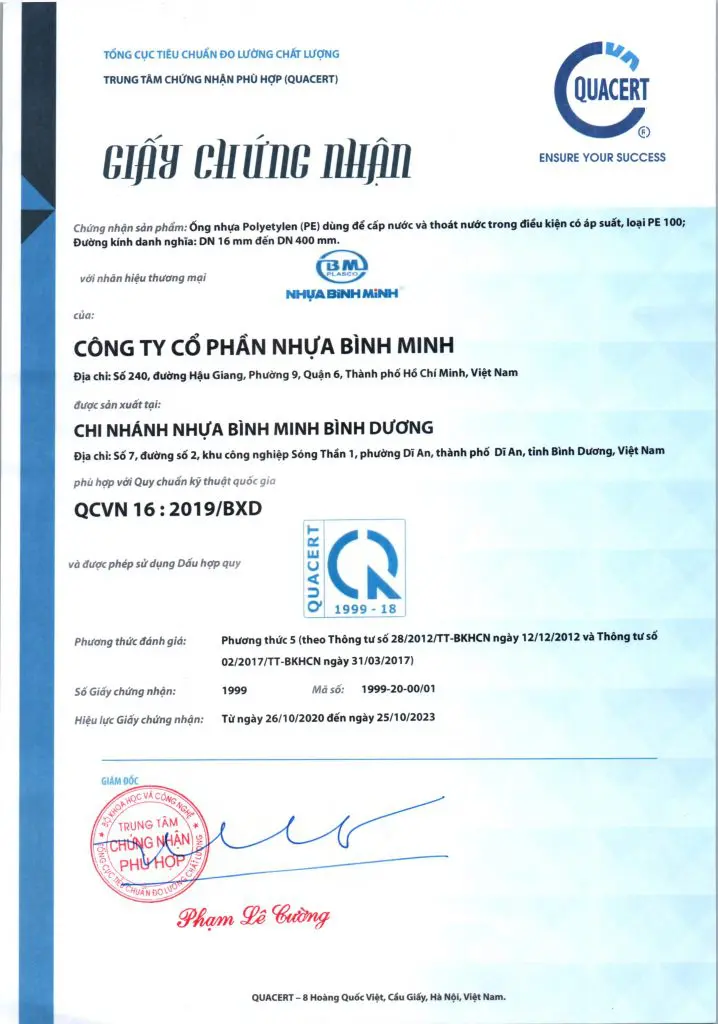 Ống Nhựa HDPE Bình Minh Phi 20 - Xem chi tiết tại Công Ty TNHH Sản Xuất Thương Mại Phát Triển Tiến Thành hop quy PE-VN