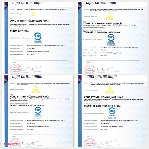 Giấy chứng nhận tiêu chuẩn chất lượng ống nhựa đệ nhất
