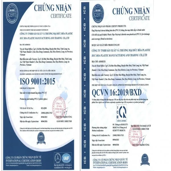 Giấy chứng nhận Ống Nhựa Đức Hòa