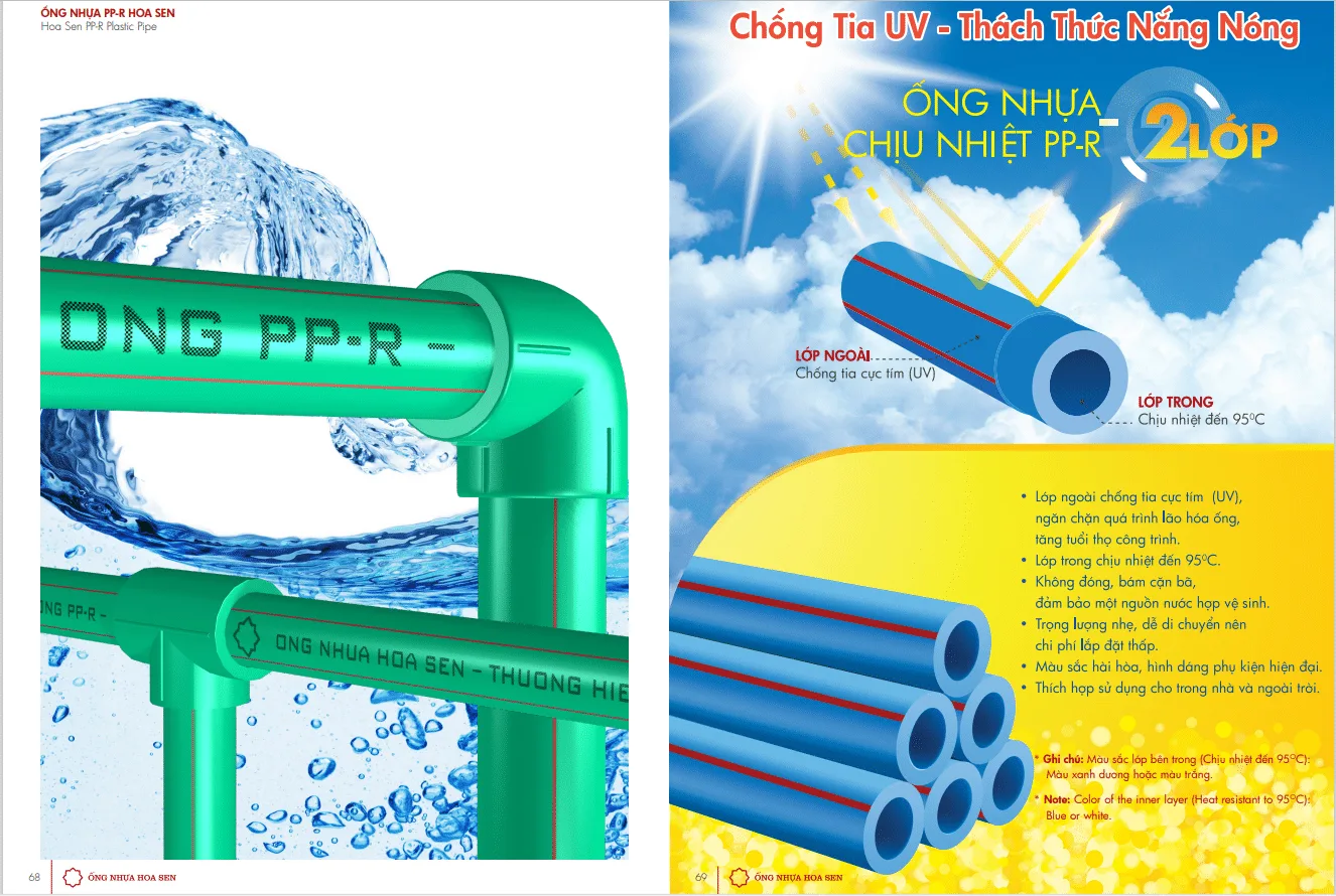 Ống nhựa PPR Hoa Sen - Xem chi tiết tại Công Ty TNHH Sản Xuất Thương Mại Phát Triển Tiến Thành Ống nhựa PPR Hoa Sen có khả năng chịu nhiệt cao phù hợp dẫn nước nóng