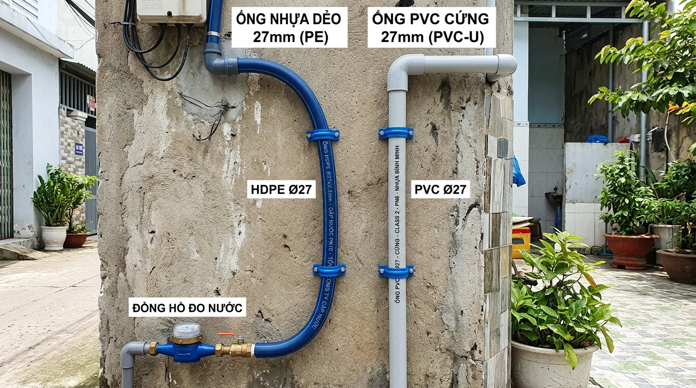 Hình ảnh so sánh ống nhựa mềm phi 27 và ống PVC cứng trong hệ thống cấp nước