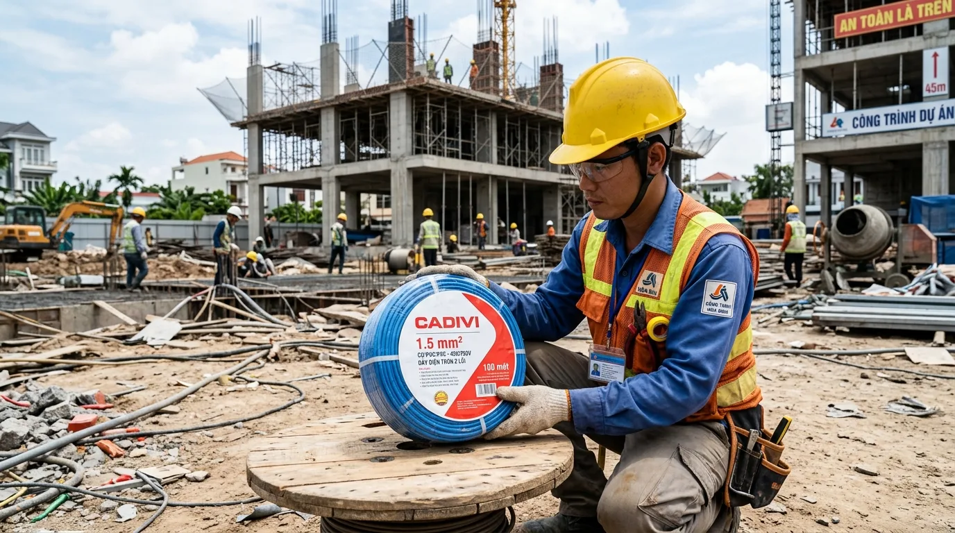 Thợ điện kiểm tra cuộn dây Cadivi 1.5mm² tại công trình