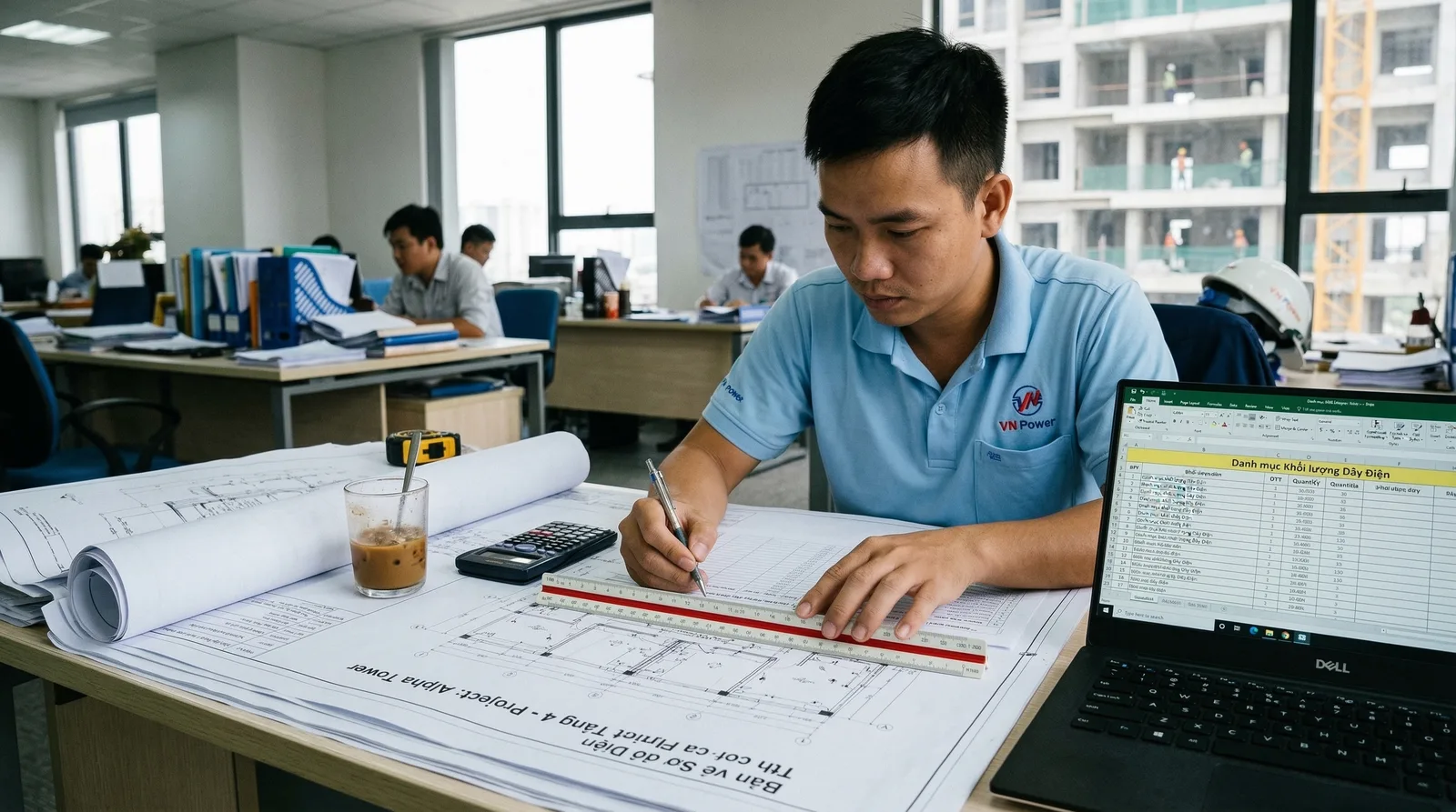 Cách ước tính khối lượng dây điện khi bóc tách vật tư - Xem chi tiết tại Công Ty TNHH Sản Xuất Thương Mại Phát Triển Tiến Thành Kỹ sư điện bóc tách khối lượng dây điện từ bản vẽ thi công