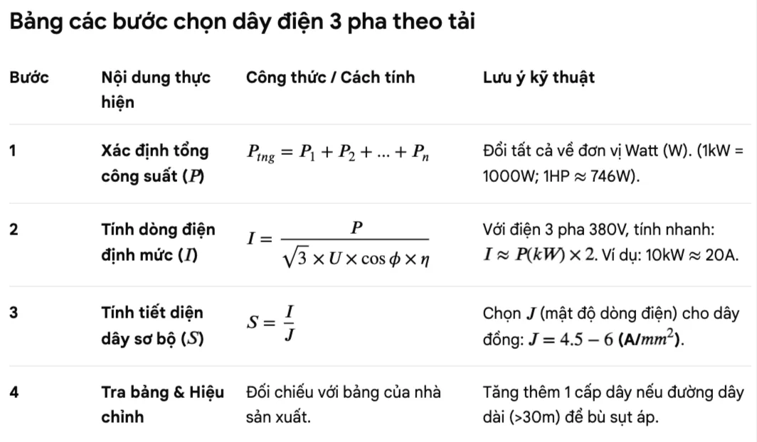 Cách chọn dây điện 3 pha theo tải để tránh quá nhiệt