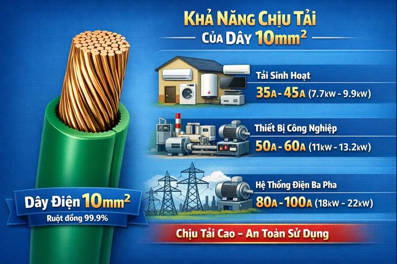 Dây điện 10mm phù hợp cho mức công suất bao nhiêu?