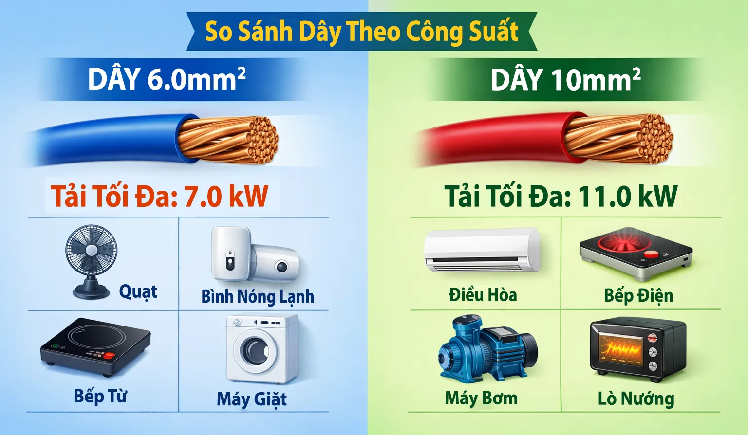Cách chọn tiết diện dây điện theo công suất thiết bị
