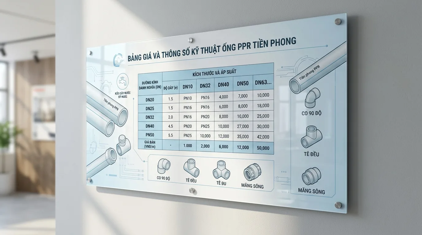 Bảng giá ống PPR Tiền Phong chịu nhiệt mới nhất 2026 - Xem chi tiết tại Công Ty TNHH Sản Xuất Thương Mại Phát Triển Tiến Thành Ảnh minh hoạ: Bảng giá và các kích thước ống PPR Tiền Phong sử dụng trong hệ thống cấp nước
