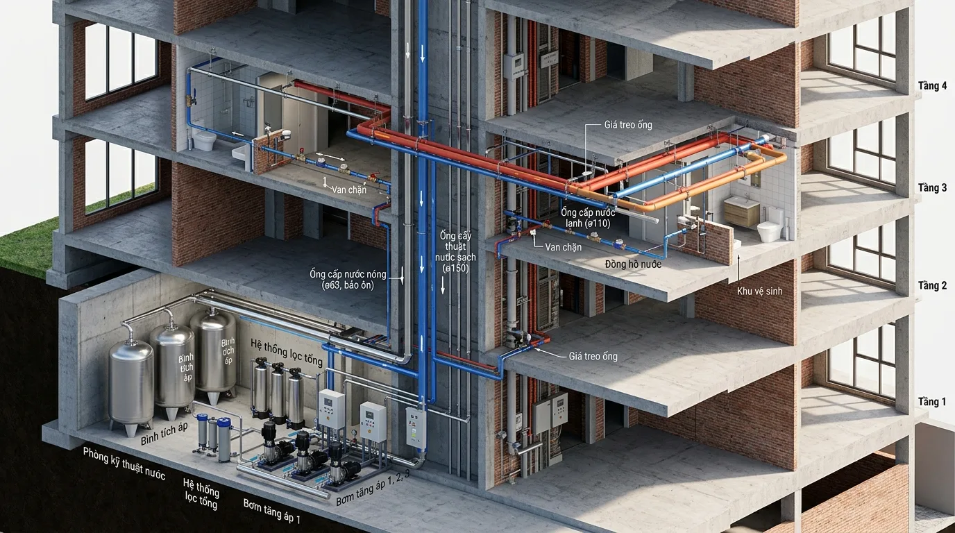 Bảng giá ống nước nhựa Tiền Phong cho hệ thống cấp nước - Xem chi tiết tại Công Ty TNHH Sản Xuất Thương Mại Phát Triển Tiến Thành Ảnh minh hoạ: Hệ thống đường ống cấp nước trong công trình