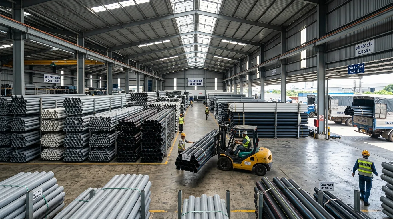 Bảng giá ống nước nhựa Tiền Phong cho hệ thống cấp nước - Xem chi tiết tại Công Ty TNHH Sản Xuất Thương Mại Phát Triển Tiến Thành Ảnh minh hoạ: Kho vật tư ống nhựa cung cấp cho công trình