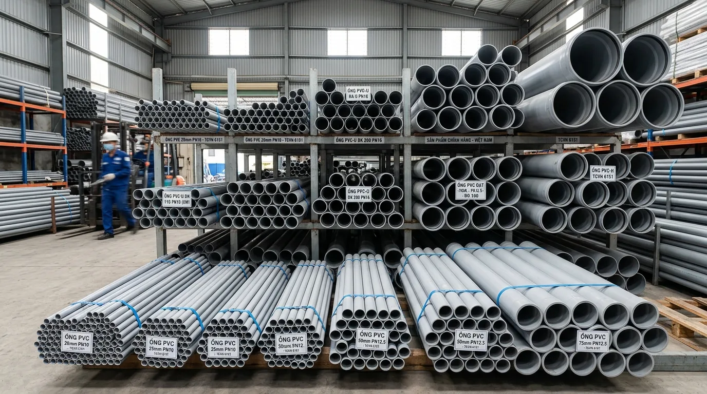 Ống nhựa PVC với nhiều kích thước và tiêu chuẩn áp lực khác nhau