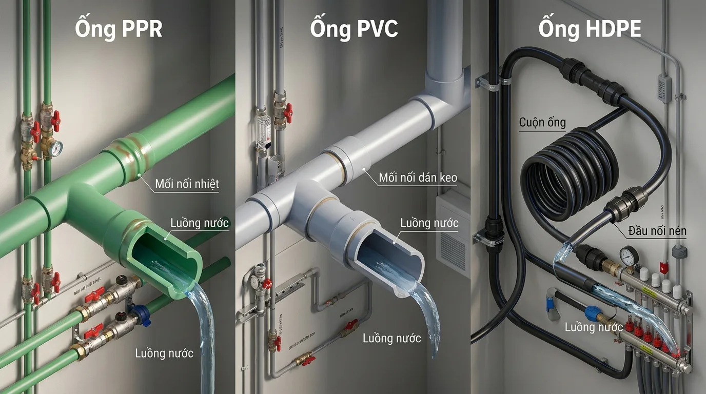 Bảng giá ống PPR Tiền Phong chịu nhiệt mới nhất 2026 - Xem chi tiết tại Công Ty TNHH Sản Xuất Thương Mại Phát Triển Tiến Thành Ảnh minh hoạ: So sánh các loại ống nước PPR PVC HDPE trong hệ thống cấp nước