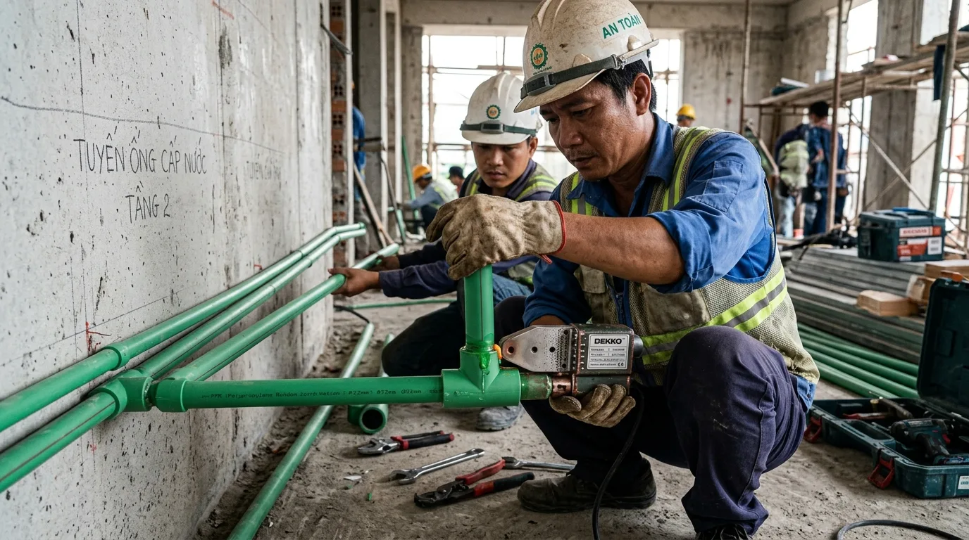 Bảng giá ống PPR Tiền Phong chịu nhiệt mới nhất 2026 - Xem chi tiết tại Công Ty TNHH Sản Xuất Thương Mại Phát Triển Tiến Thành Ảnh minh hoạ: Thi công hệ thống ống PPR bằng máy hàn nhiệt