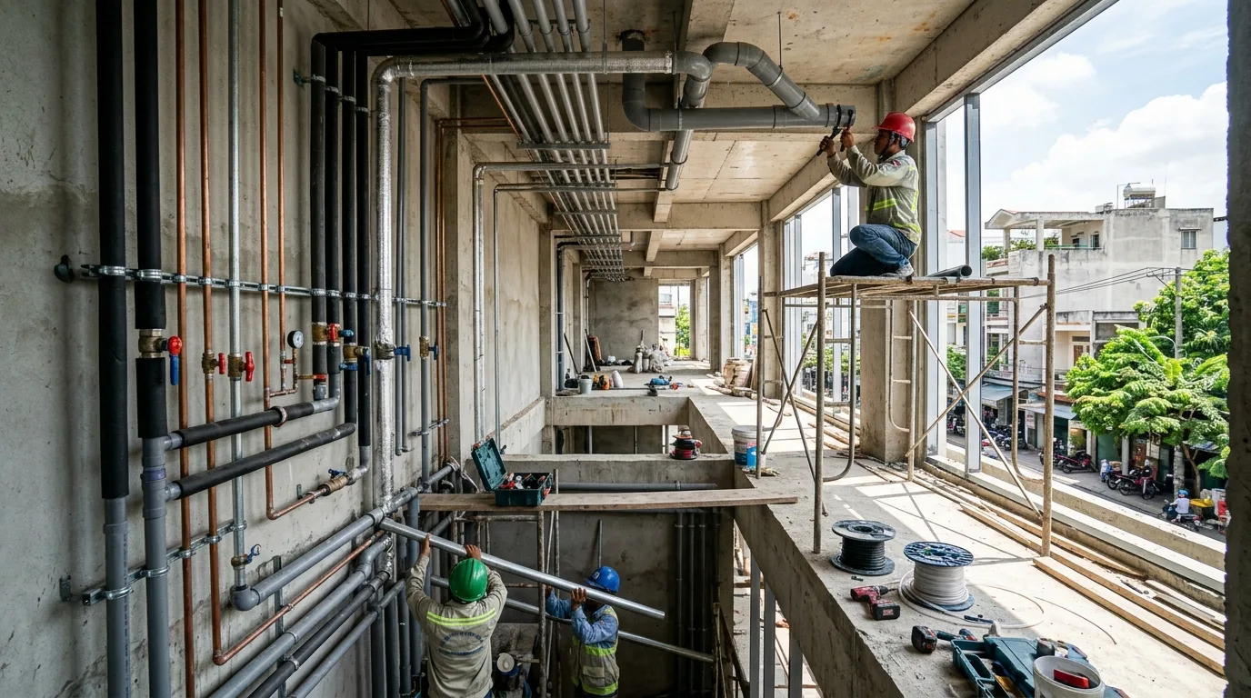 Bảng giá ống nước nhựa Tiền Phong cho hệ thống cấp nước - Xem chi tiết tại Công Ty TNHH Sản Xuất Thương Mại Phát Triển Tiến Thành Ảnh minh hoạ: Thi công hệ thống ống nước trong công trình