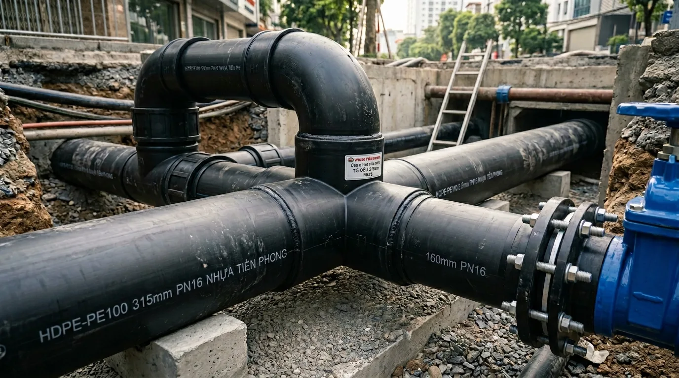 Bảng giá phụ kiện HDPE Tiền Phong mới nhất cho công trình - Xem chi tiết tại Công Ty TNHH Sản Xuất Thương Mại Phát Triển Tiến Thành Ảnh minh hoạ: phụ kiện HDPE Tiền Phong sử dụng trong hệ thống đường ống cấp nước