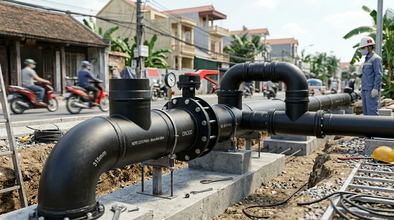 Bảng giá phụ kiện HDPE Tiền Phong mới nhất cho công trình - Xem chi tiết tại Công Ty TNHH Sản Xuất Thương Mại Phát Triển Tiến Thành Ảnh minh hoạ: phụ kiện nối HDPE trong hệ thống cấp nước