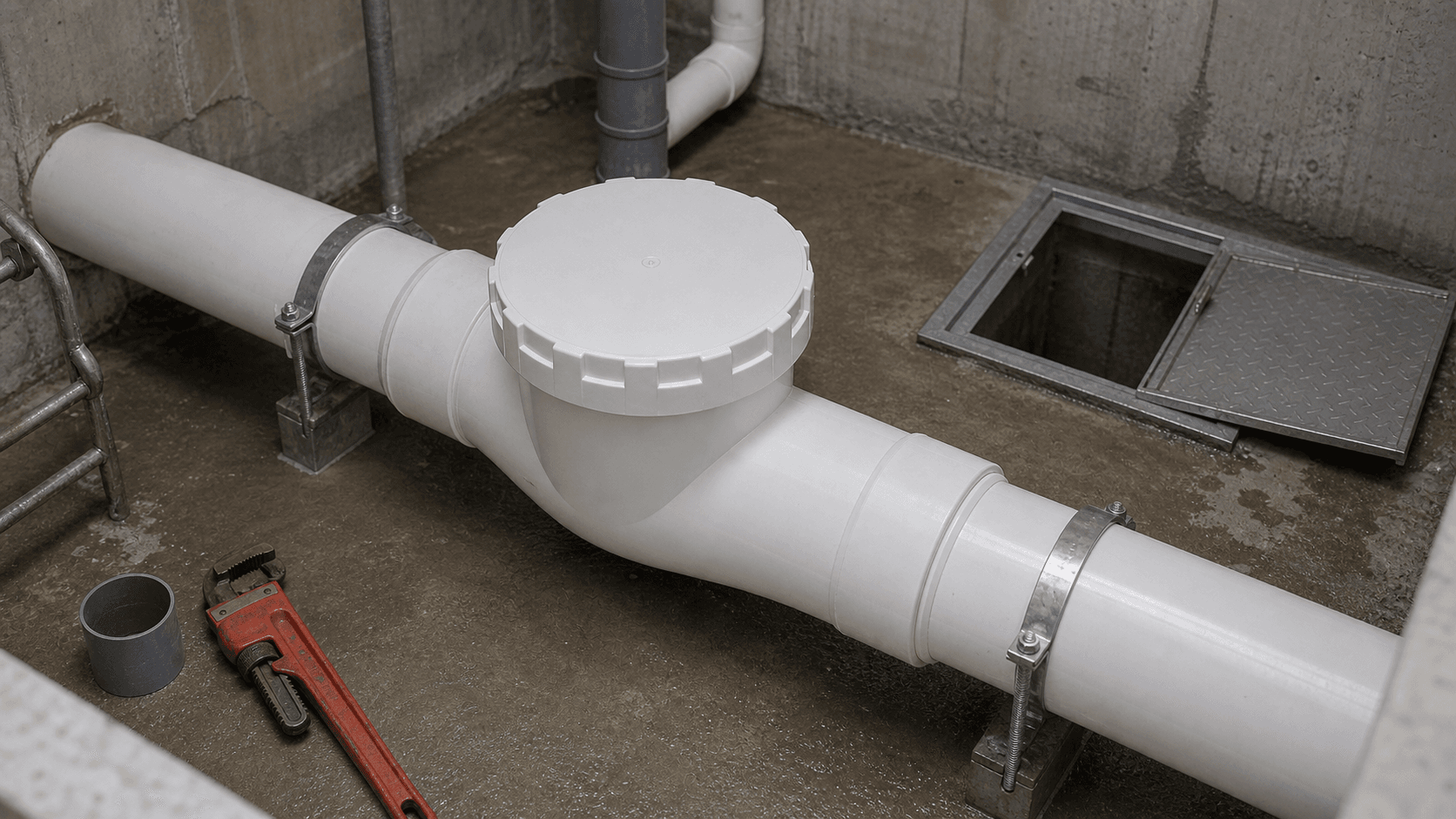 bịt xả thông tắc pvc 140 cho tuyến thoát lớn trong hố kỹ thuật