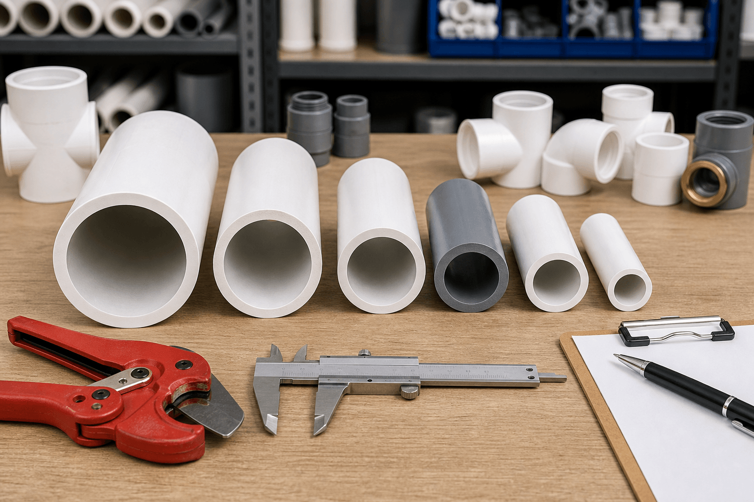 Mặt cắt ống PVC nhiều độ dày cùng thước kẹp và phụ kiện