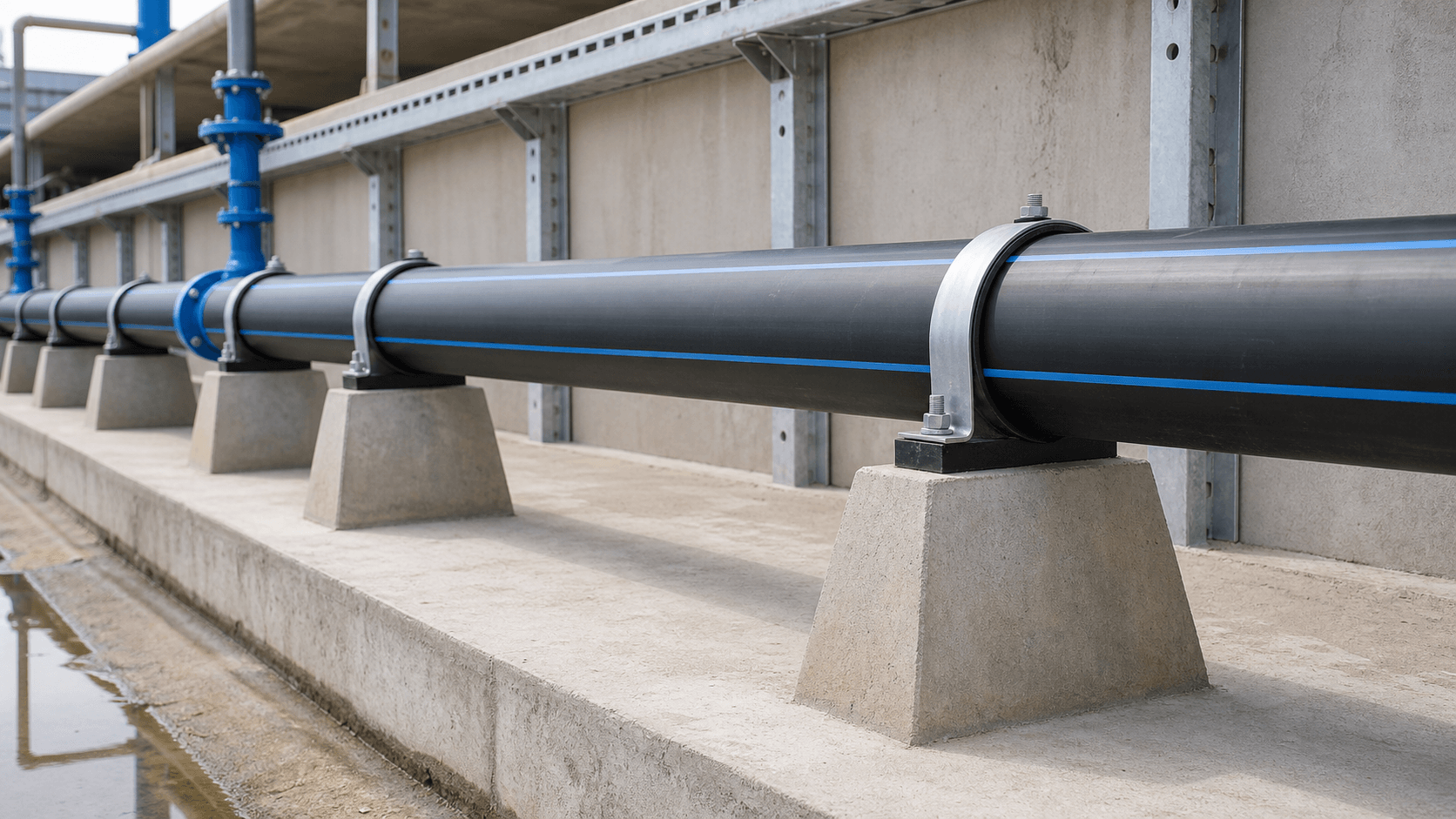 Ống ruột gà HDPE đi ngầm: checklist thi công trước khi lấp - Xem chi tiết tại Phân Phối Ống Nhựa HDPE, PPR, PVC & Thiết Bị Điện Nước Gối đỡ ống HDPE đặt đều trên tuyến ống HDPE đi nổi để chống võng ống