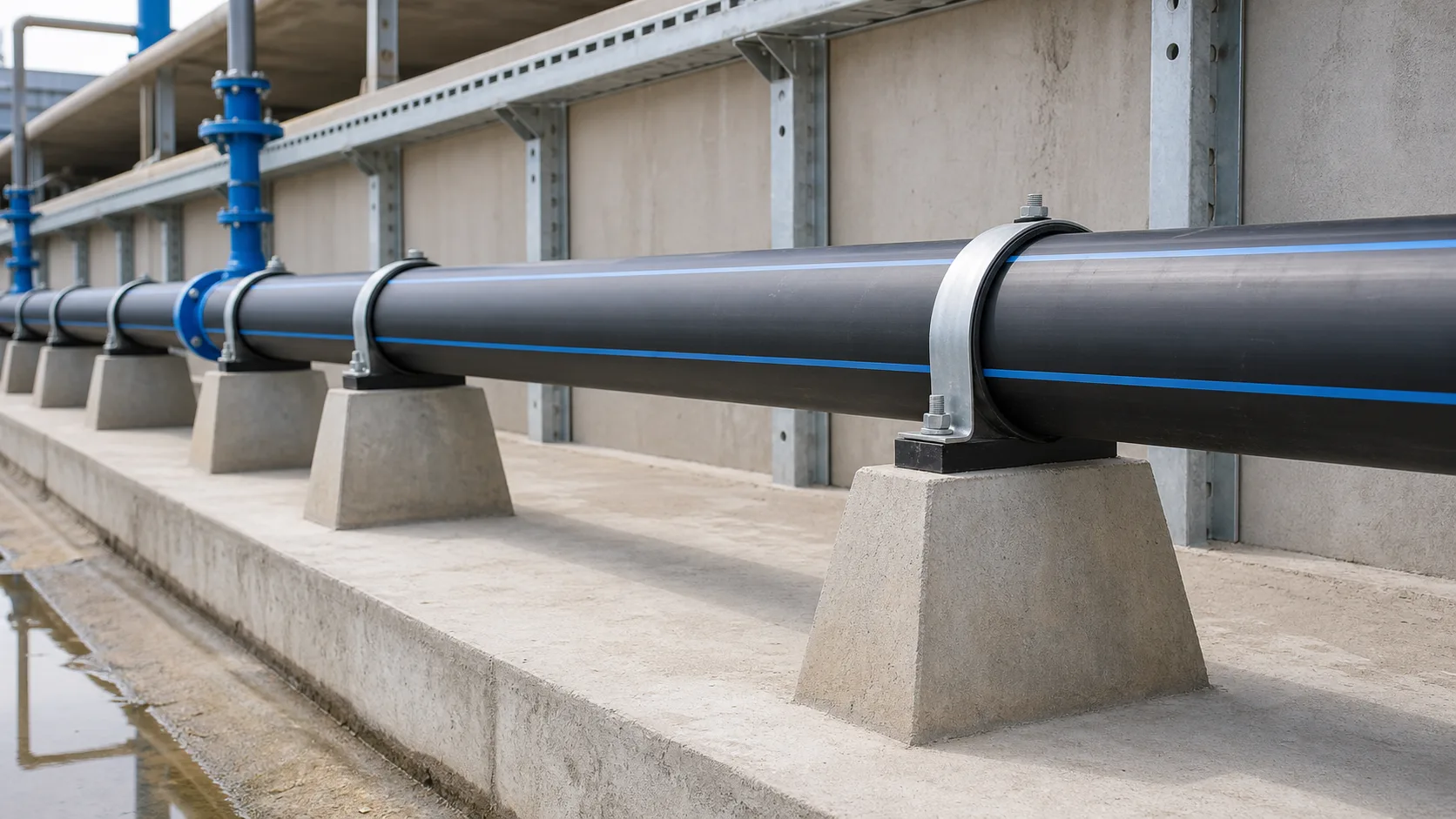 Gối đỡ ống HDPE đặt đều trên tuyến ống HDPE đi nổi để chống võng ống
