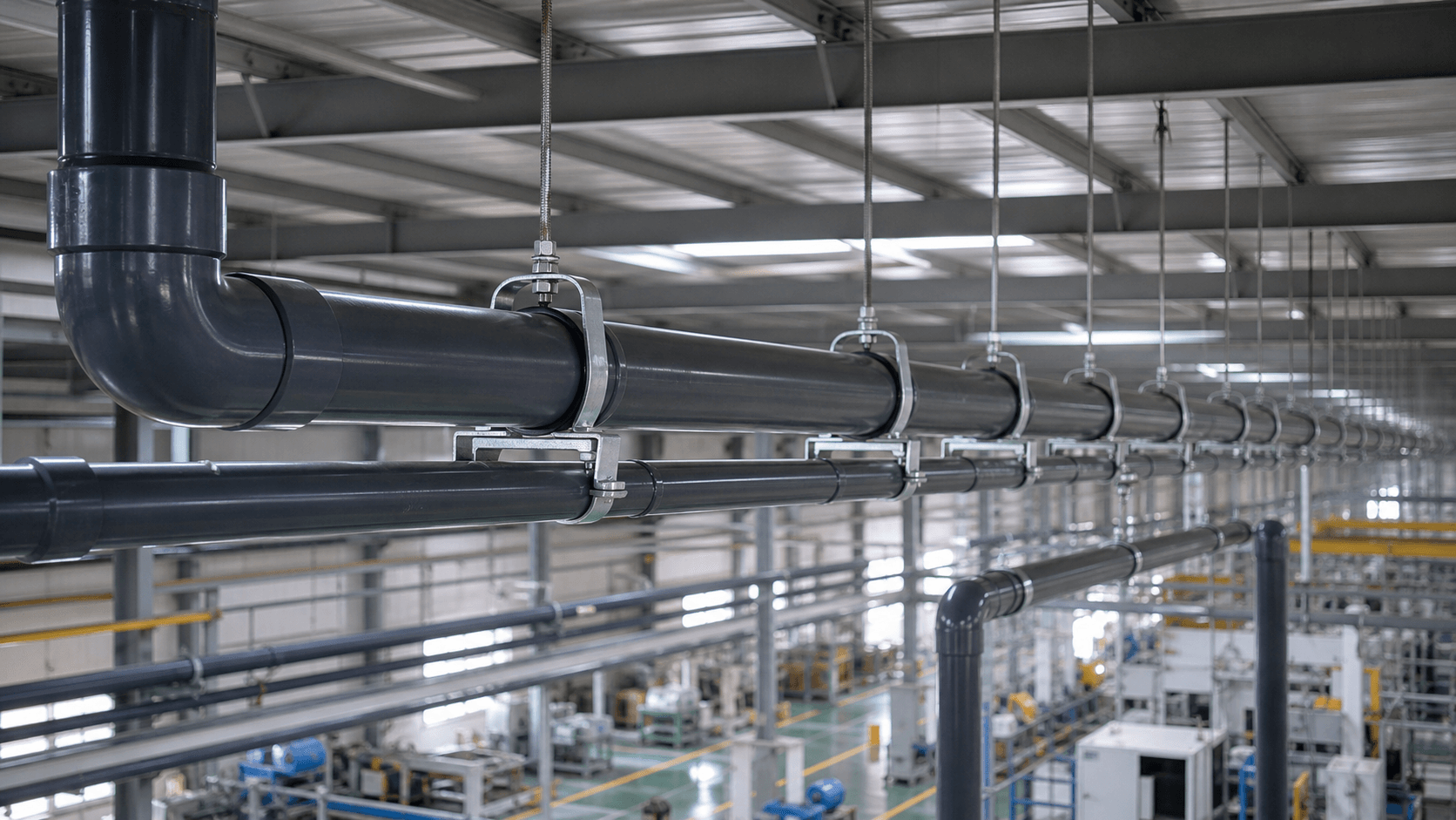 Gối đỡ ống nhựa và giá treo đường ống cho tuyến ống nhựa đi nổi trong nhà xưởng