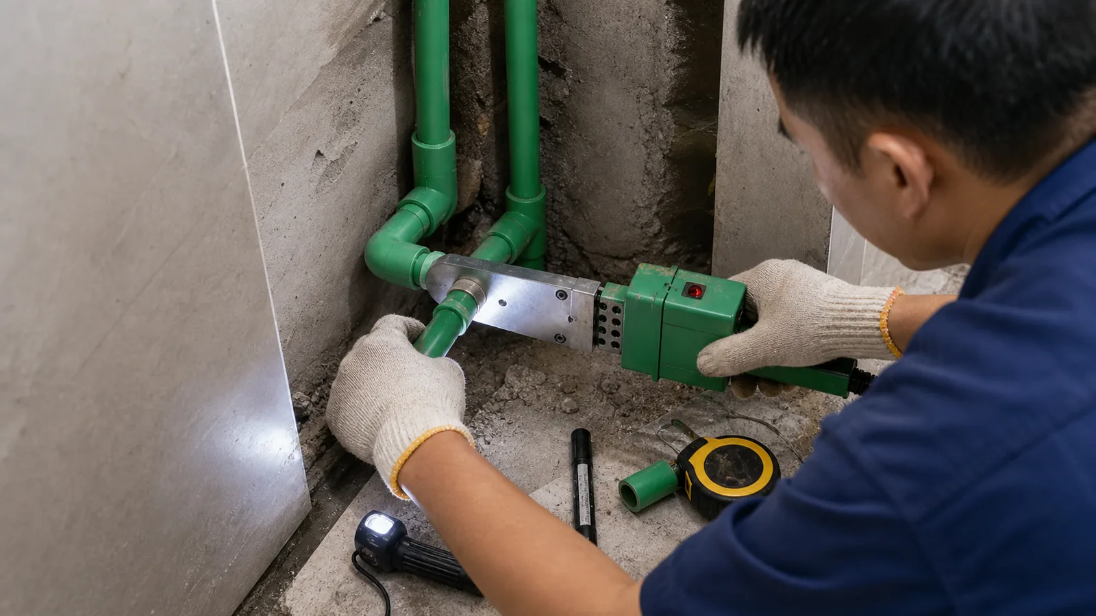 Kỹ thuật hàn ống nhiệt PPR: canh nhiệt, độ sâu và xoay đúng - Xem chi tiết tại Phân Phối Ống Nhựa HDPE, PPR, PVC & Thiết Bị Điện Nước Kỹ thuật hàn ống nhiệt ở vị trí chật trong nhà với phụ kiện PPR