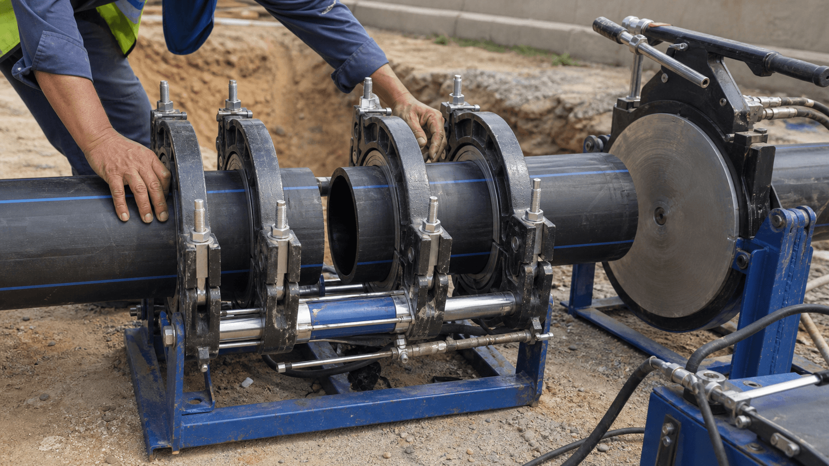 Quy trình hàn ống HDPE đối đầu cho tuyến cấp nước áp lực - Xem chi tiết tại Phân Phối Ống Nhựa HDPE, PPR, PVC & Thiết Bị Điện Nước Hàn đối đầu ống HDPE cần chuẩn bị máy và kiểm tra đầu ống
