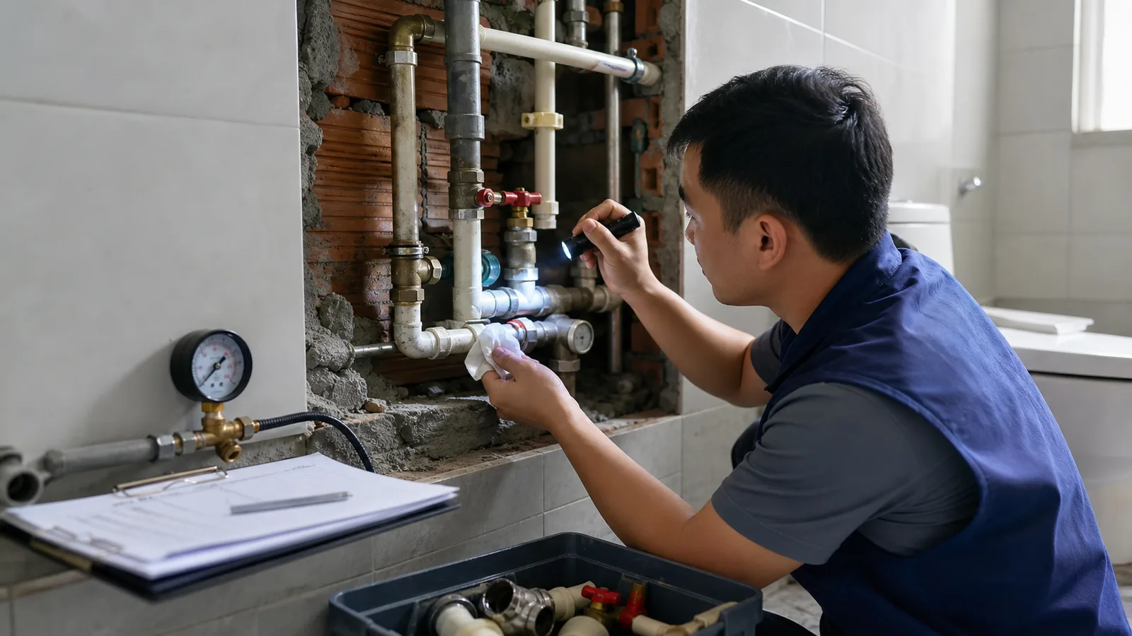 kiểm tra mối nối ống nước sau khi lắp y lọc nhựa upvc