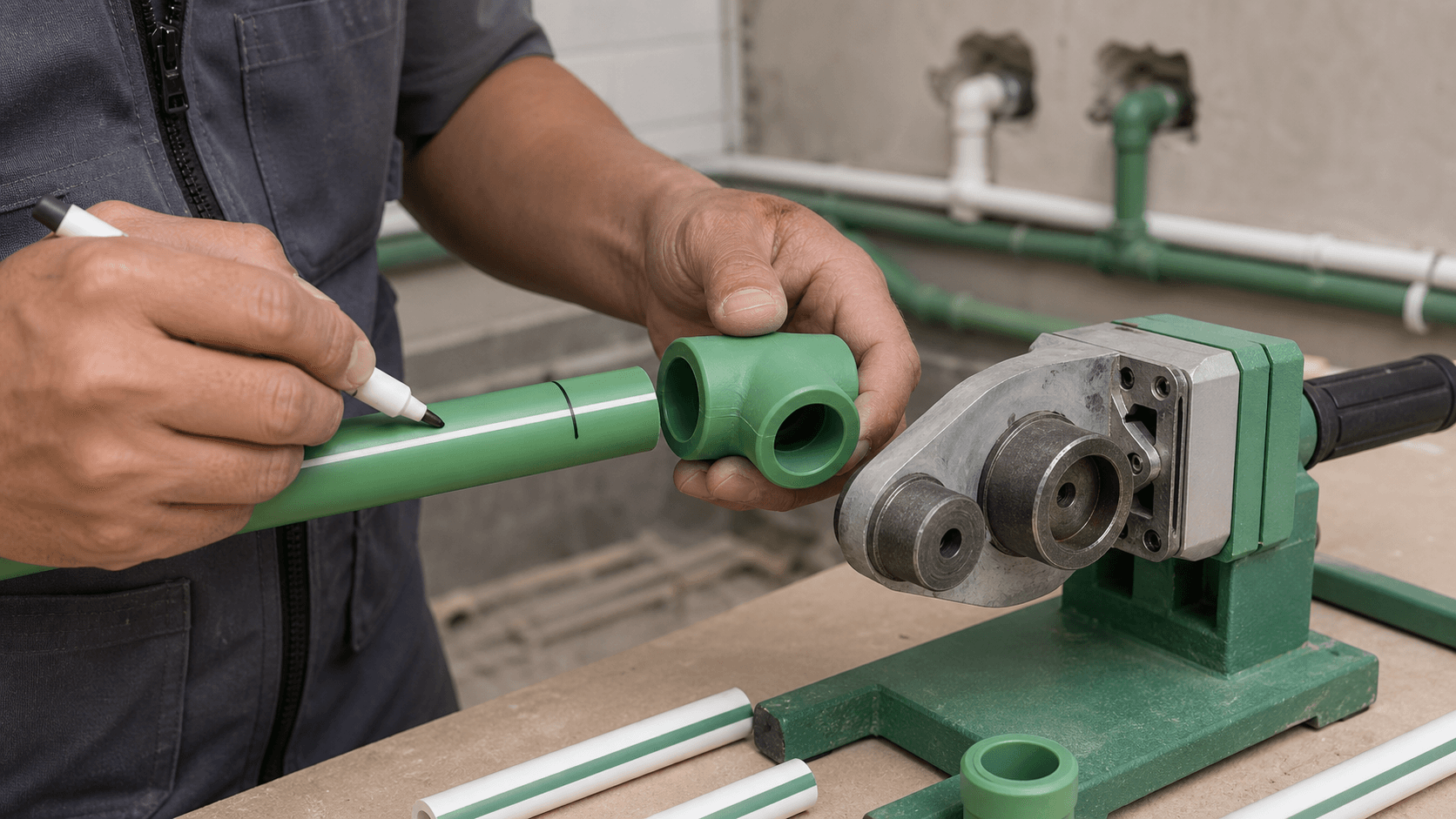Nút bịt PPR: dùng cho đường nước nóng lạnh thế nào? - Xem chi tiết tại Phân Phối Ống Nhựa HDPE, PPR, PVC & Thiết Bị Điện Nước Đánh dấu độ sâu lắp trước khi hàn nút bịt PPR