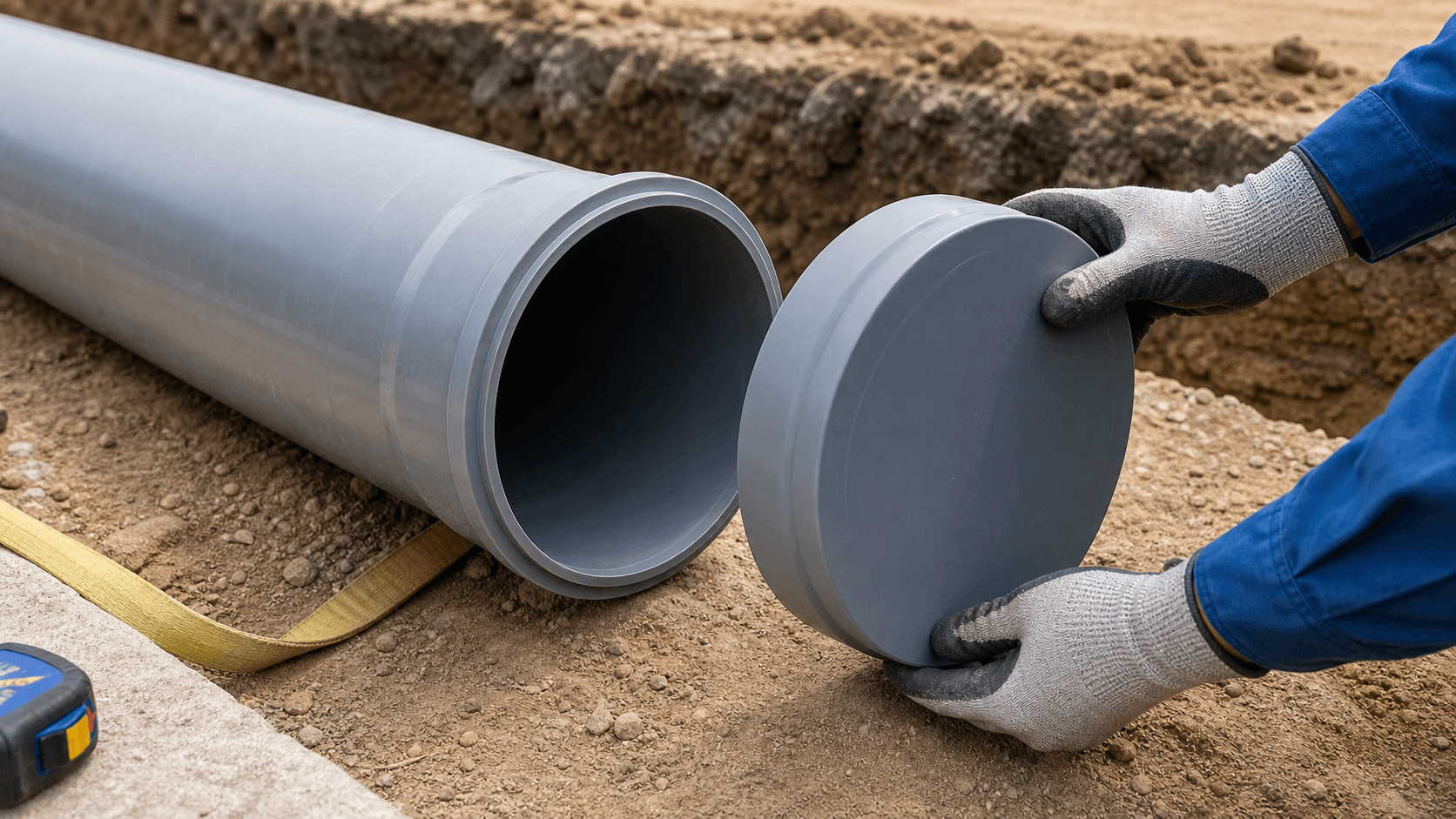 nắp bịt ống nhựa PVC 300 chuẩn bị lắp đặt cho tuyến thoát lớn