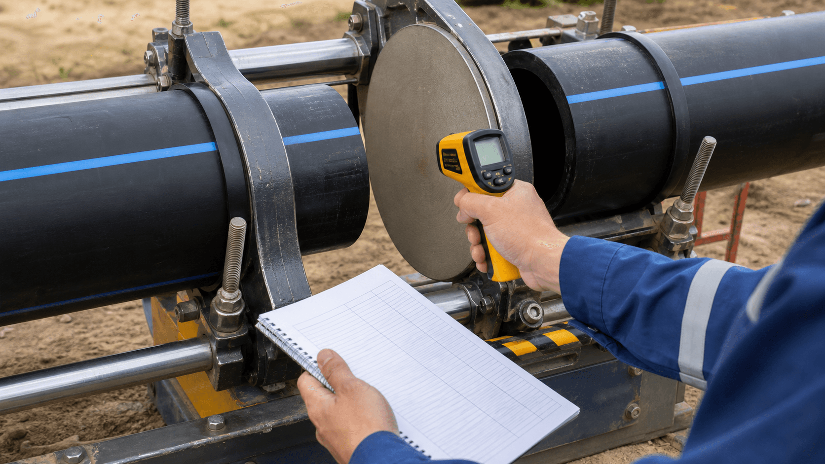 Nhiệt độ hàn ống HDPE: đọc thông số theo độ dày ống - Xem chi tiết tại Phân Phối Ống Nhựa HDPE, PPR, PVC & Thiết Bị Điện Nước Nhiệt độ hàn ống HDPE được kiểm tra trên bàn nhiệt trước khi thi công