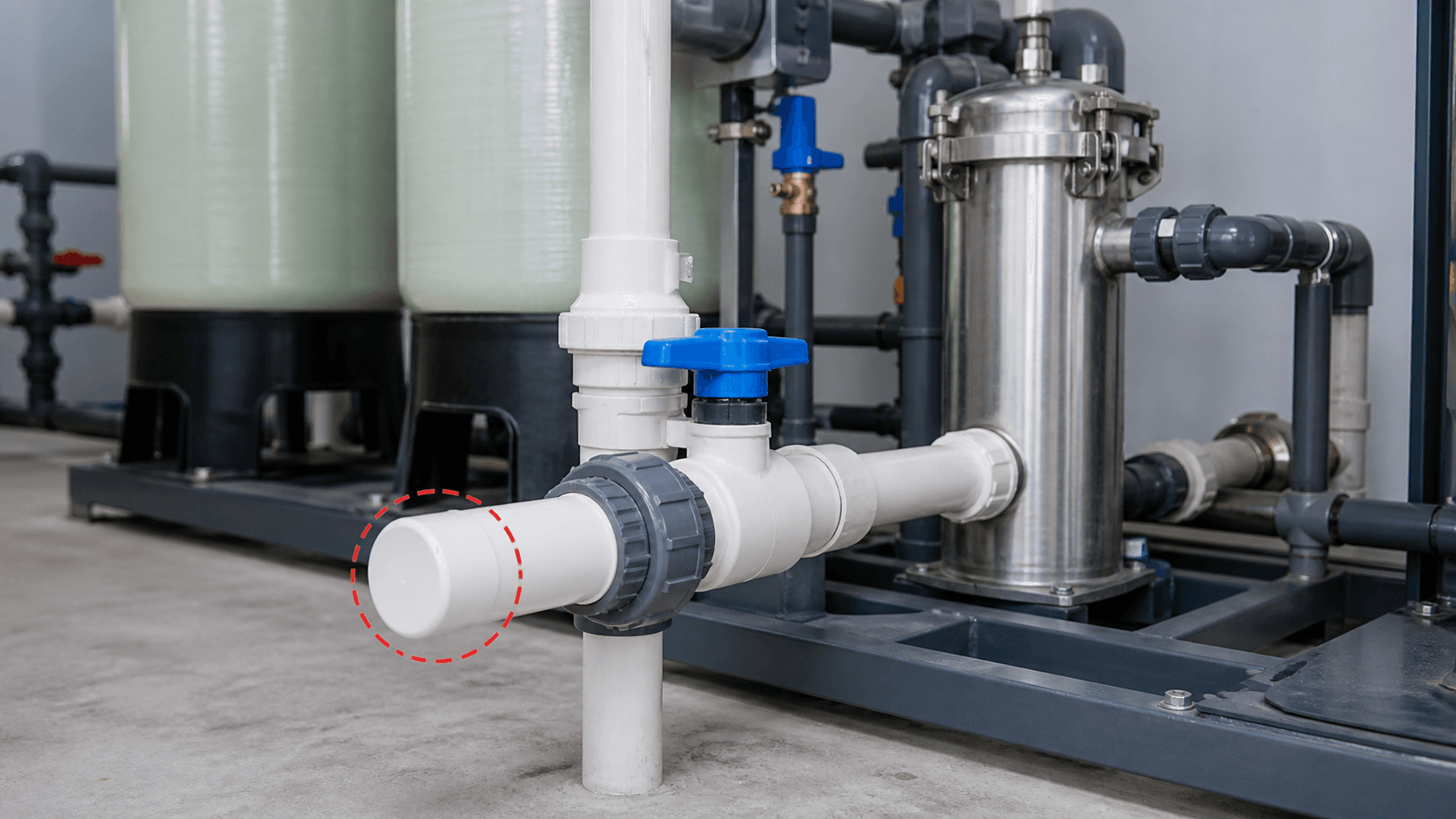Nút bịt uPVC lắp trên hệ xử lý nước áp lực thấp với đường ống uPVC