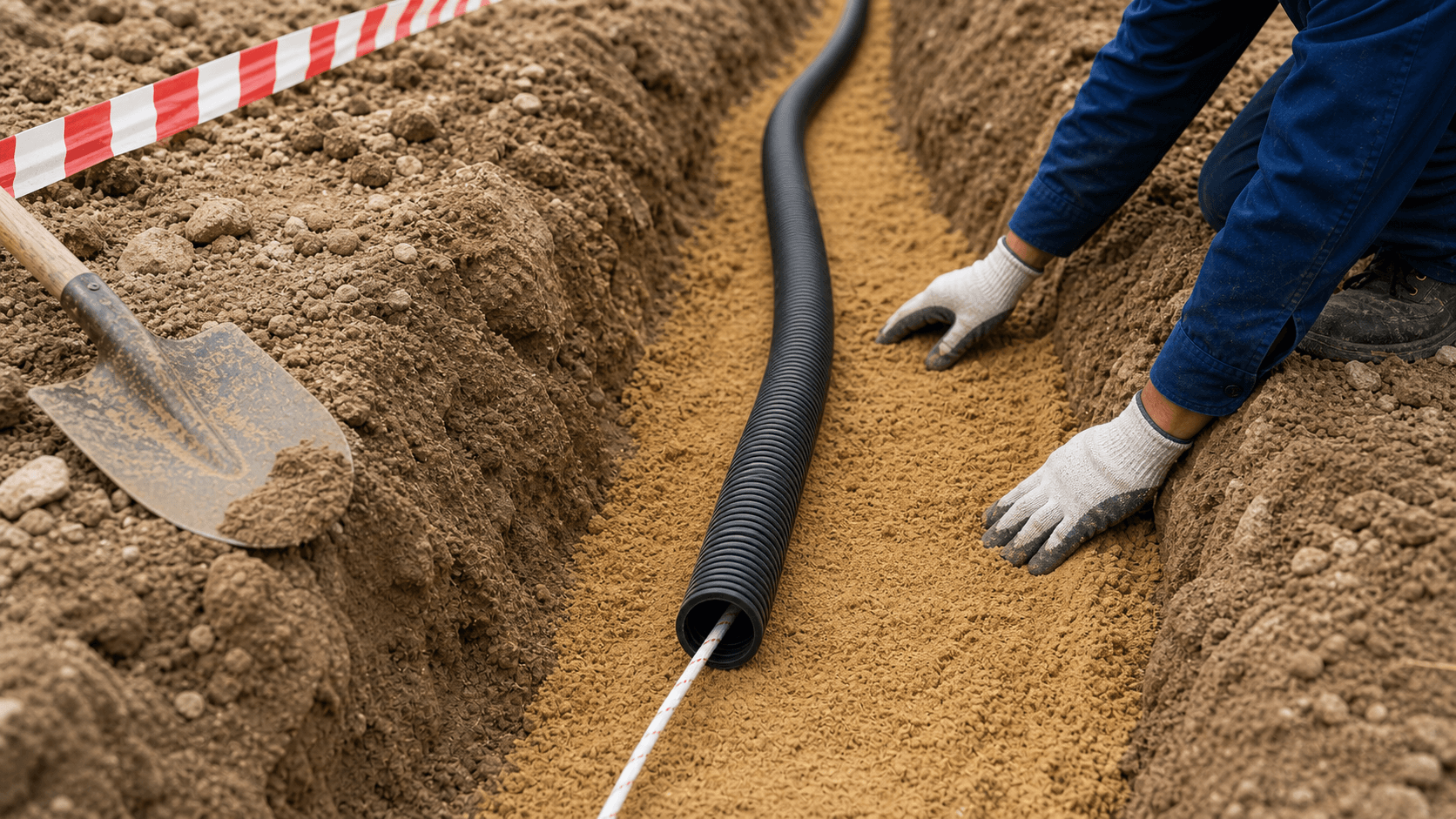 ống ruột gà HDPE đi ngầm có rãnh cáp cát lót và dây mồi