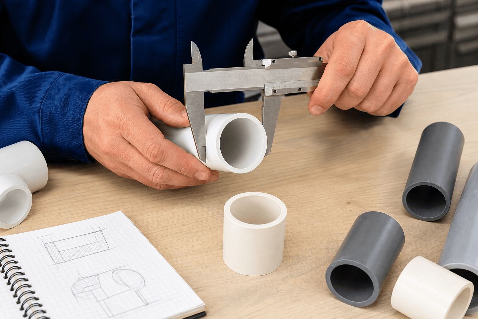 Thao tác đo kích thước ống nhựa bằng thước kẹp trên bàn kỹ thuật