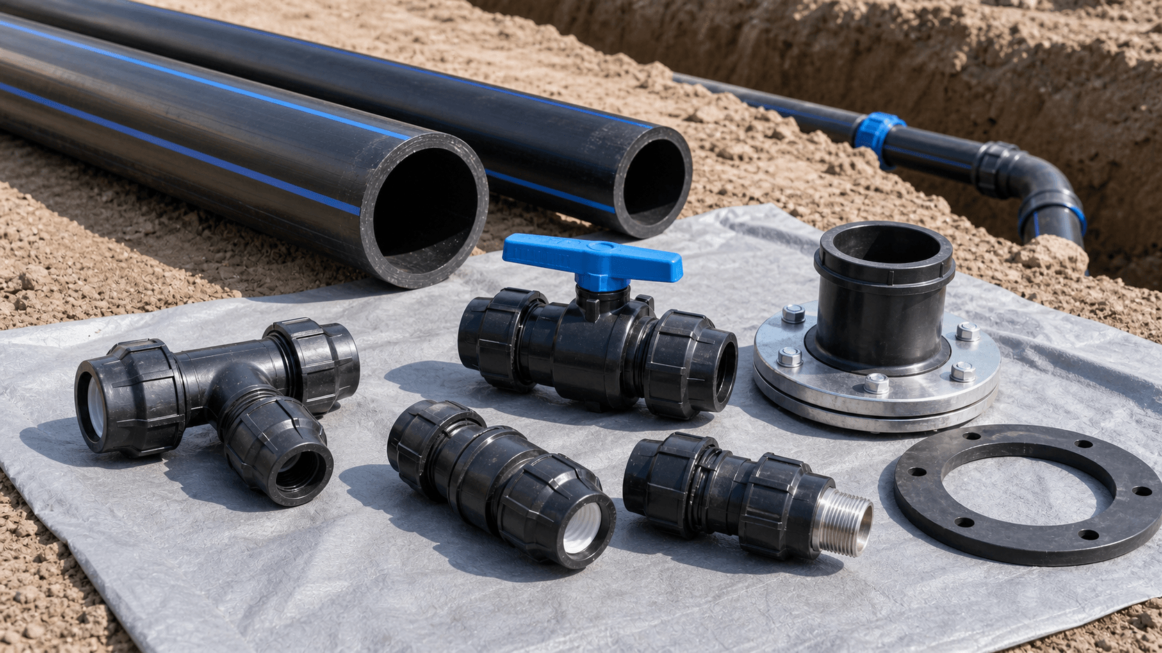 phụ kiện ống hdpe gồm nối hdpe van hdpe mặt bích hdpe và phụ kiện chuyển đổi