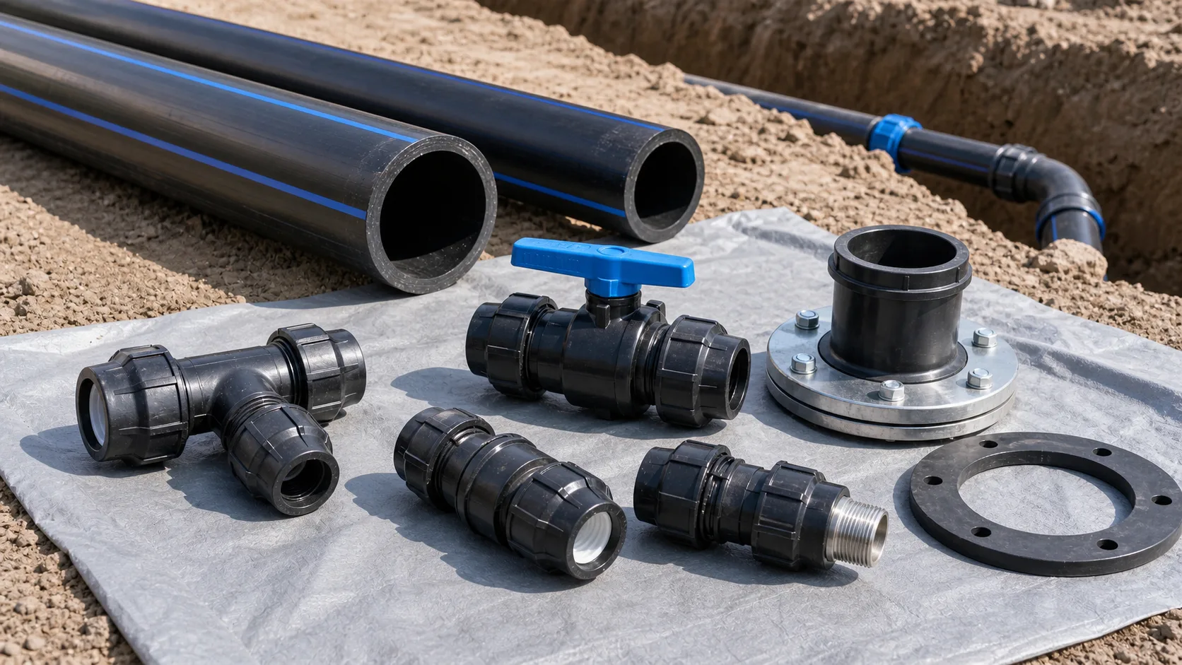 phụ kiện ống hdpe gồm nối hdpe van hdpe mặt bích hdpe và phụ kiện chuyển đổi